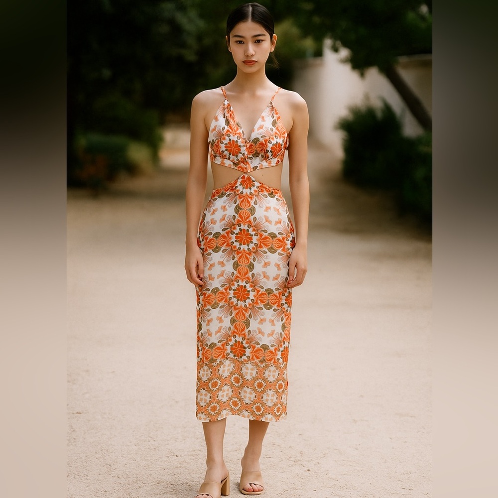 House of Harlow Floral Maxi Dress Slit Cross Strap Cutout